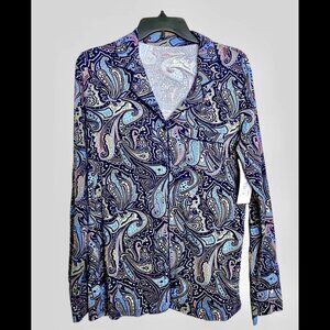 Woman Medium LIZ CLAIBORNE Soft Lounge Top Paisley Pajama Sleepwear Button Shirt